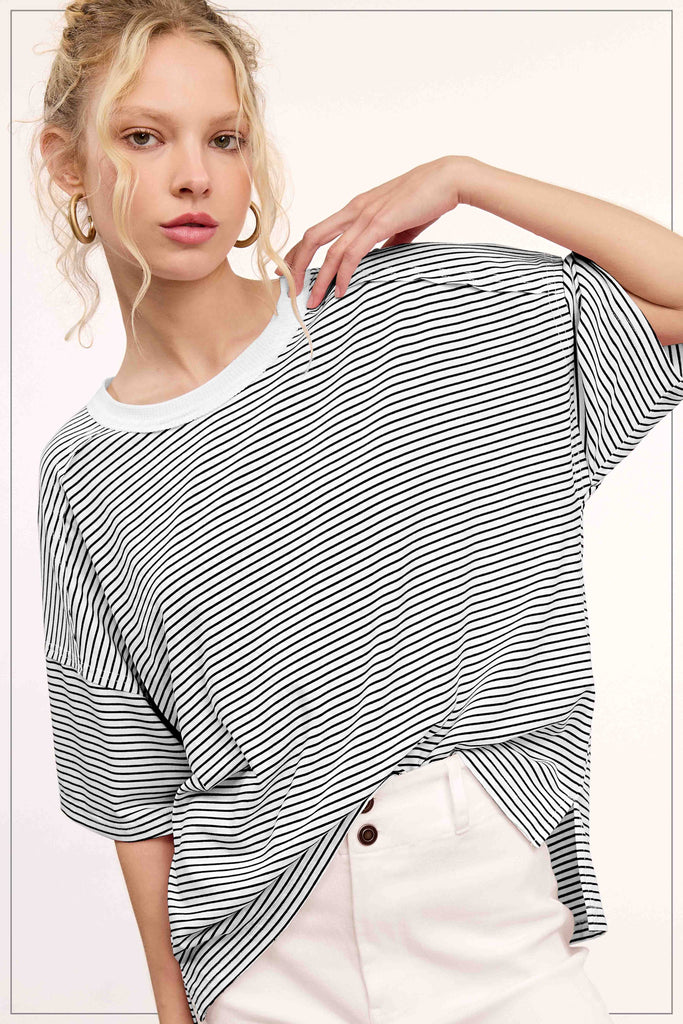 Red Striped Drop Shoulder Short Sleeves Top