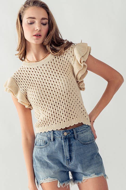 OPEN KNIT CROCHET SWEATER TOP: TAN / S-M-L:2-2-2