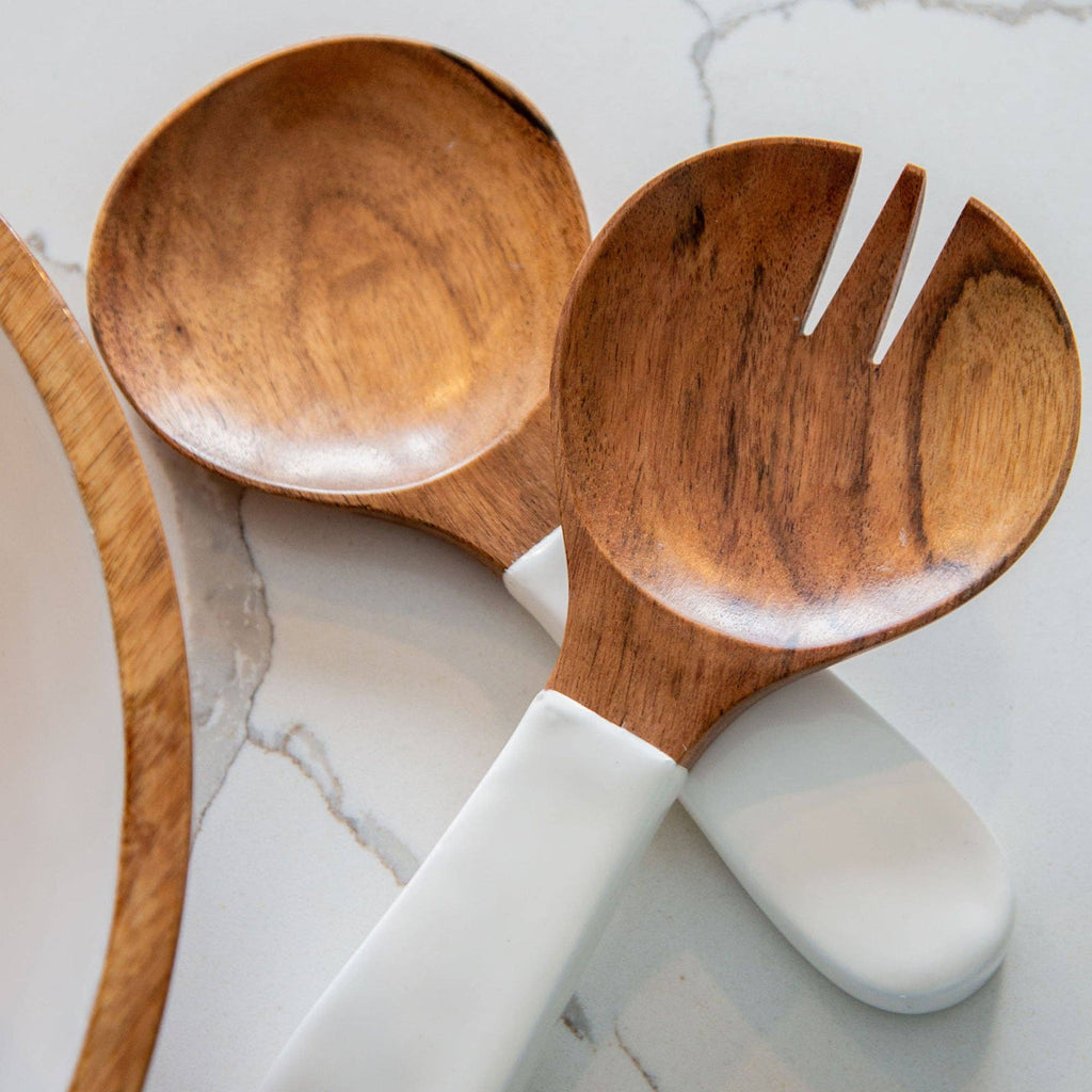 Wood & White Salad Bowl Servers Set, Large