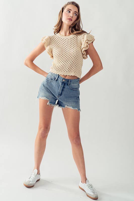 OPEN KNIT CROCHET SWEATER TOP: TAN / S-M-L:2-2-2