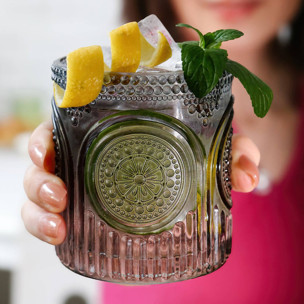 10 oz. Ribbed Retro Arch Floral Smoke Grey Drinking Glasses