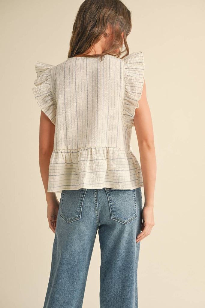 STRIPED WITH TIE FRONT RUFFLE SLEEVELESS BLOUSE