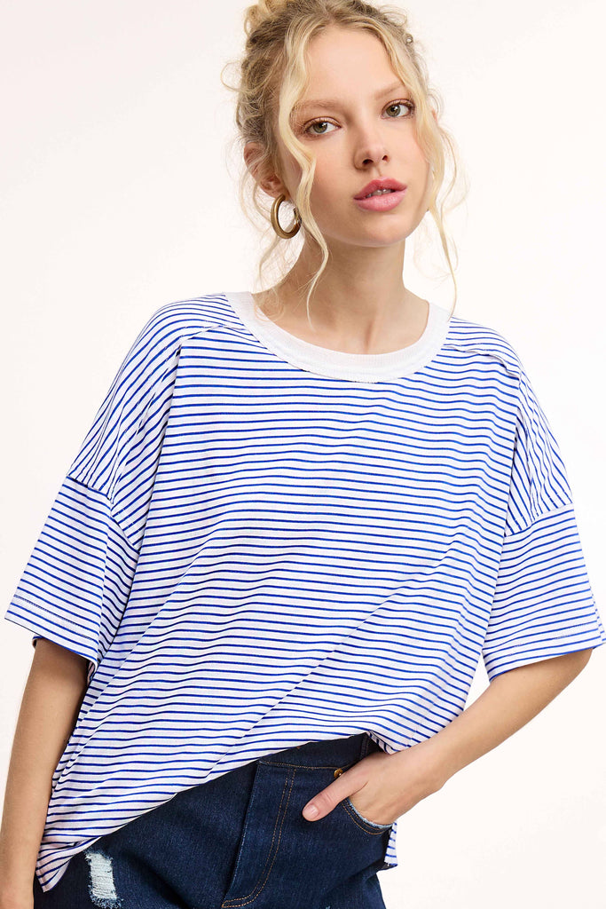 Red Striped Drop Shoulder Short Sleeves Top