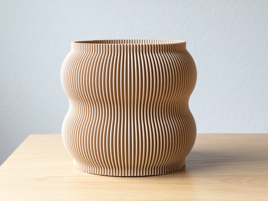 Lightweight Ribbed Planter Pot | Beige | 6" or 8" Sizes: 6 With Drip Tray