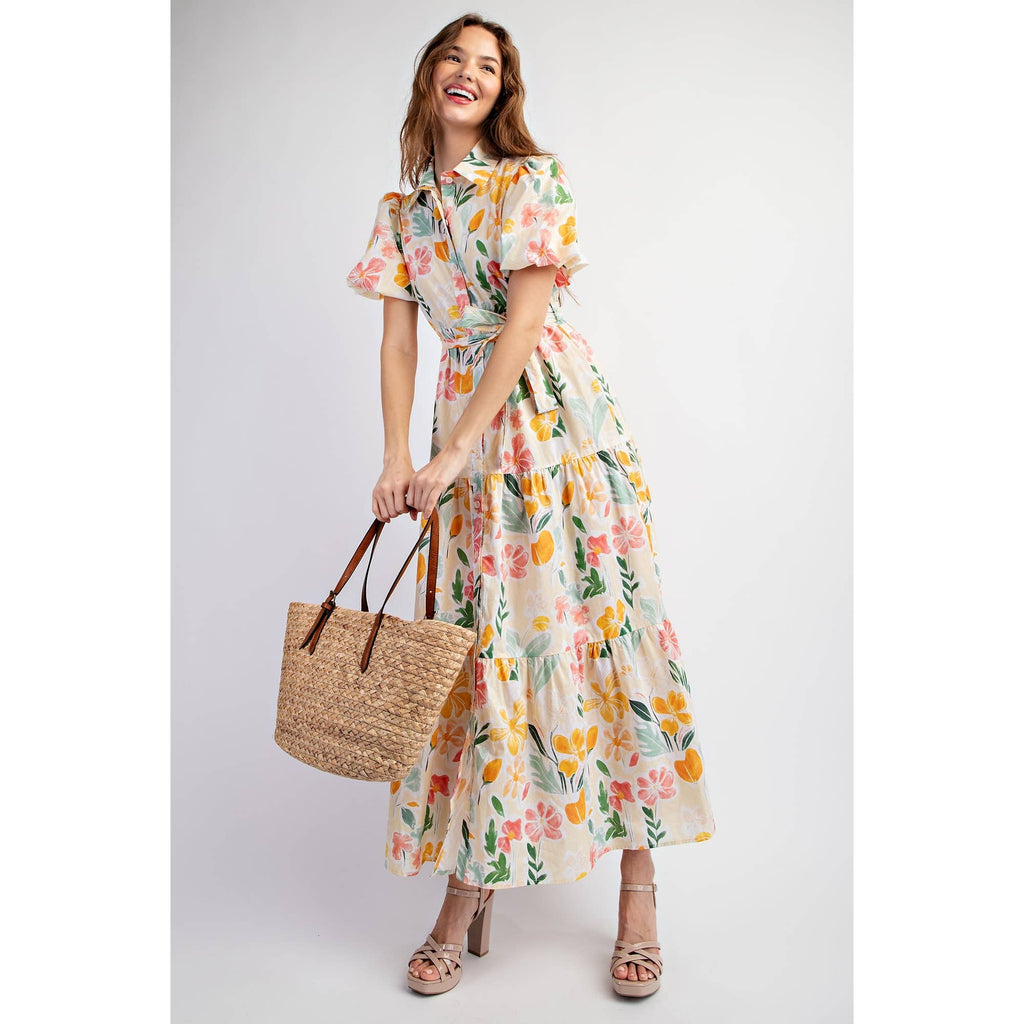 COTTON FLORAL PRINT SHIRT TIERED MAXI DRESS WITH PUFF SLEEVE