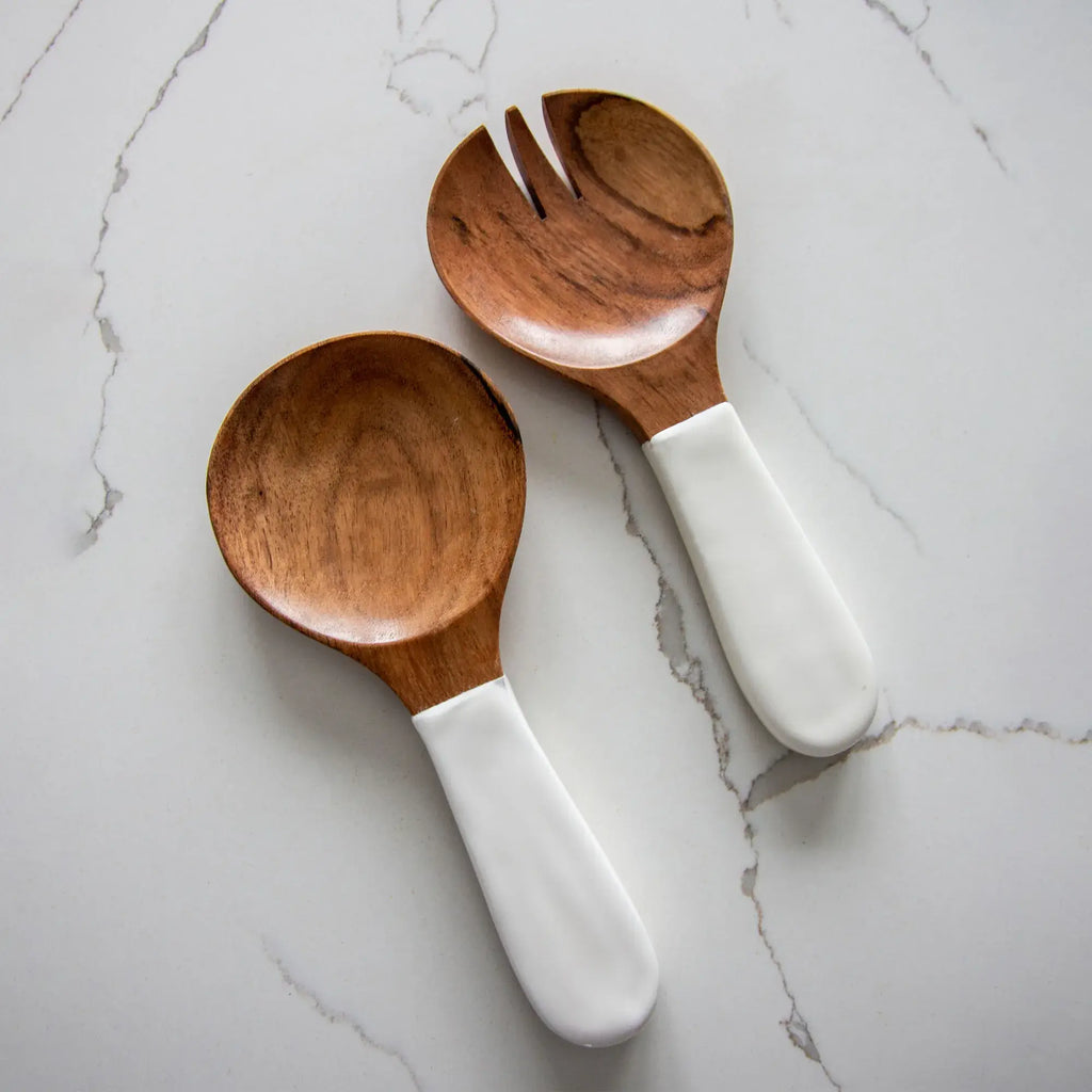 Wood + White Collection, Medium Salad Bowl & Servers Set