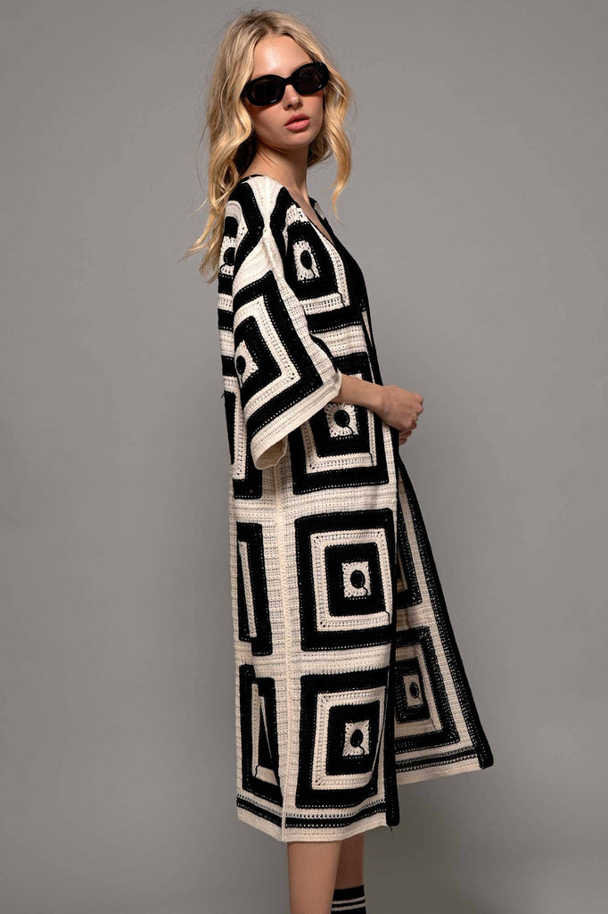 Geometric Crochet Midi Length Open Front Cardigan