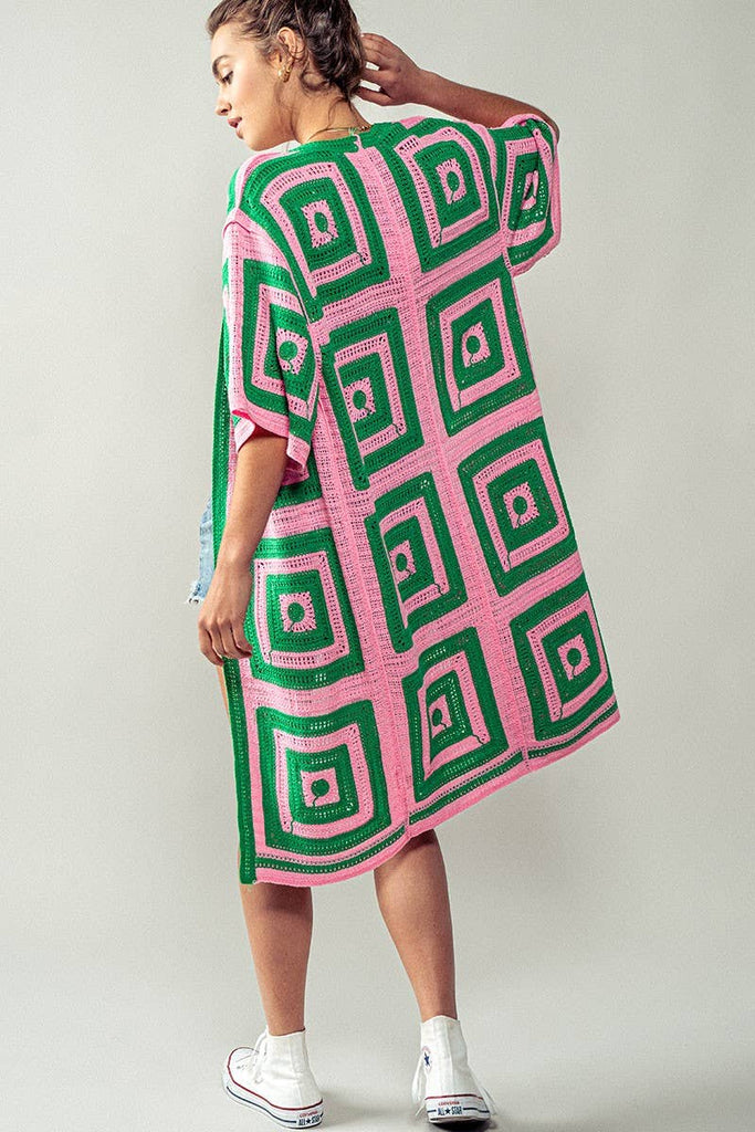 Geometric Crochet Midi Length Open Front Cardigan