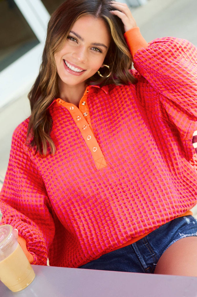 Unique Two Tone Textured Snap Button Front Top