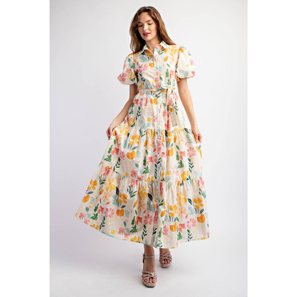 COTTON FLORAL PRINT SHIRT TIERED MAXI DRESS WITH PUFF SLEEVE