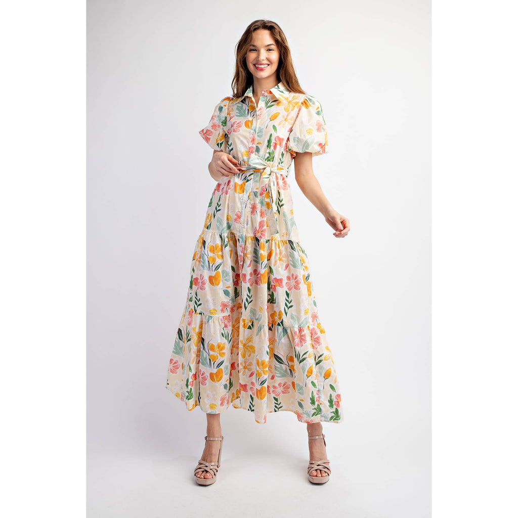 COTTON FLORAL PRINT SHIRT TIERED MAXI DRESS WITH PUFF SLEEVE