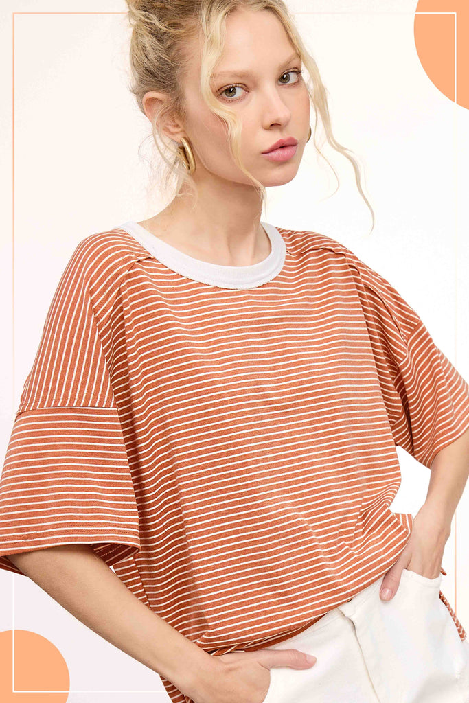 Red Striped Drop Shoulder Short Sleeves Top