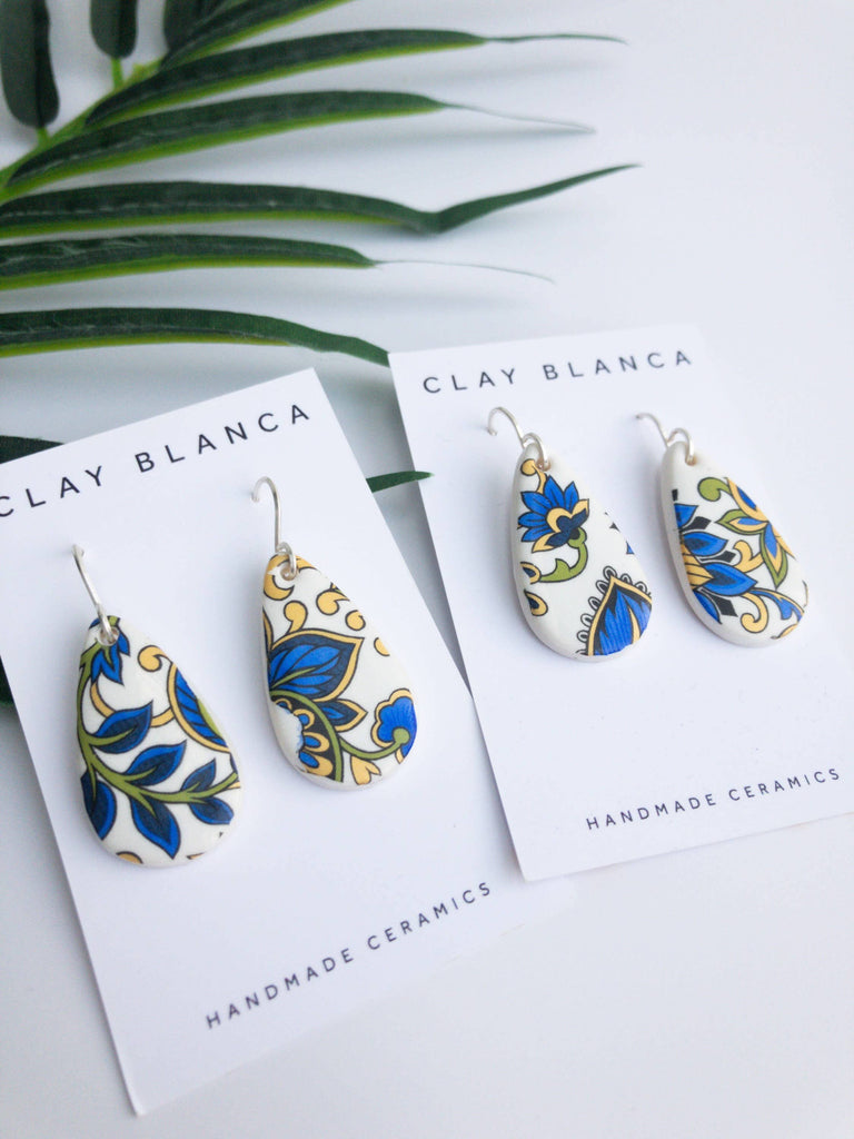 Tear Drop Porcelain Dangle Earrings With Paisley Design