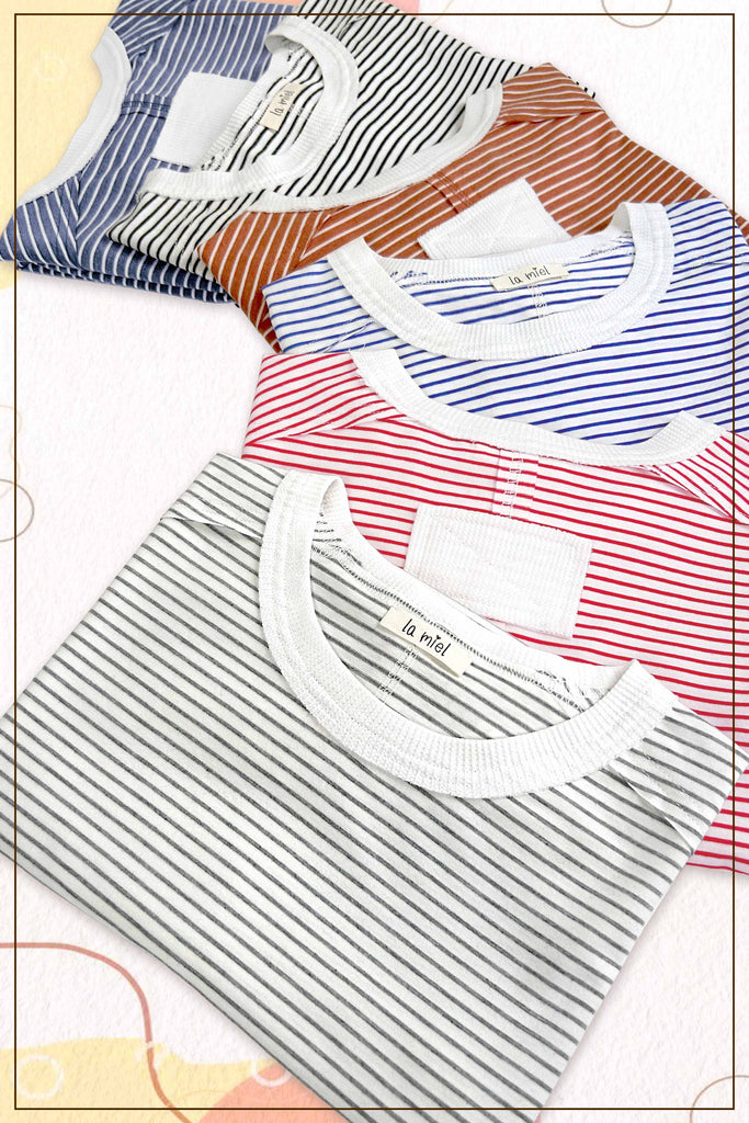 Red Striped Drop Shoulder Short Sleeves Top