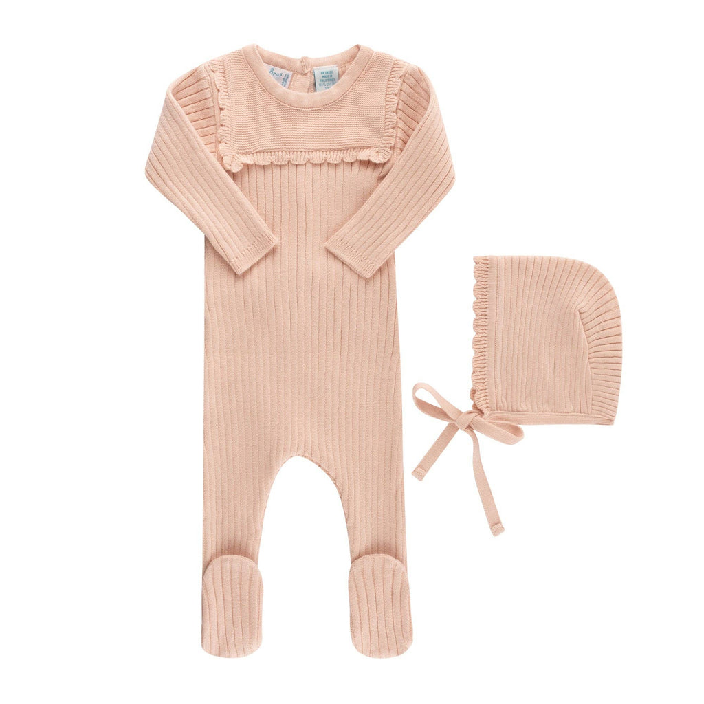 Baby Boys & Girls Scallop Trimmed Rib Knit Romper & Bonnet