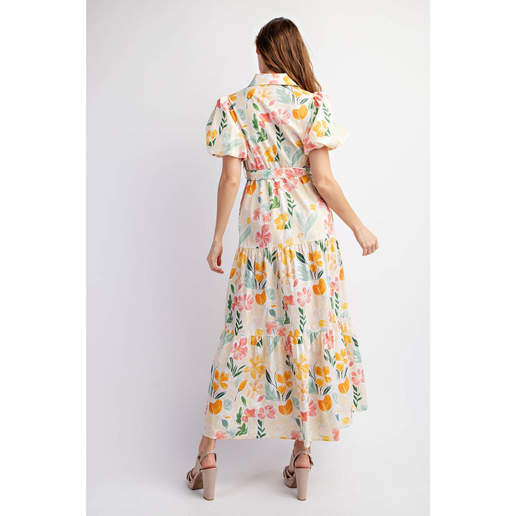 COTTON FLORAL PRINT SHIRT TIERED MAXI DRESS WITH PUFF SLEEVE