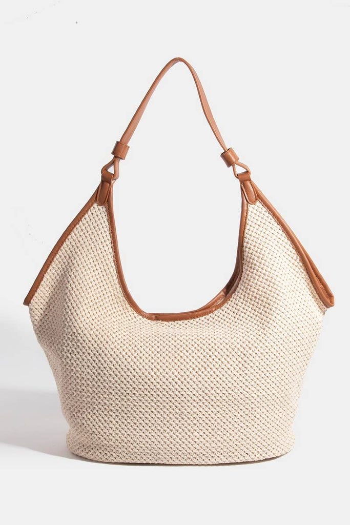 Large Faux Leather Accents Knitted Hobo Shoulder Bag