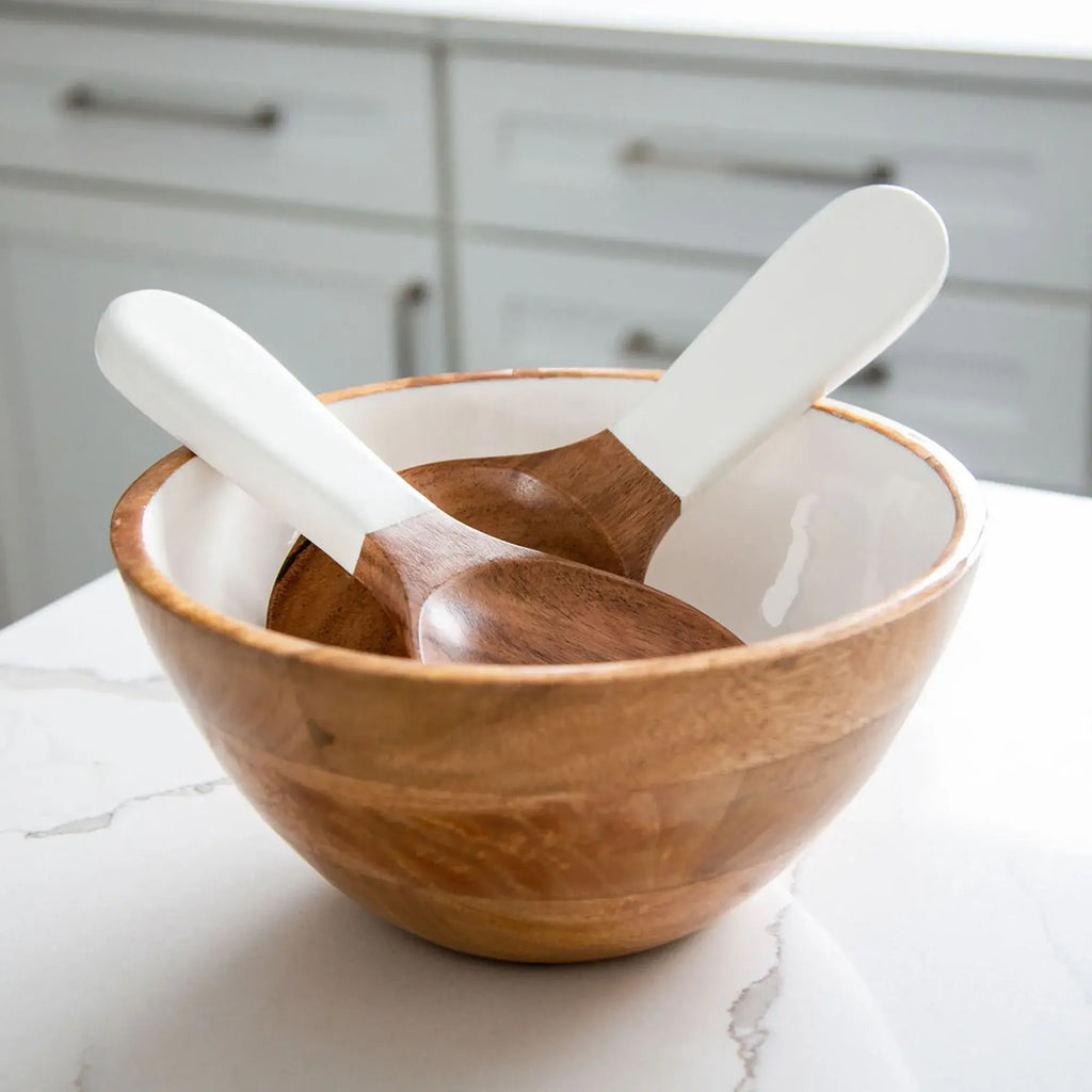 Wood + White Collection, Medium Salad Bowl & Servers Set