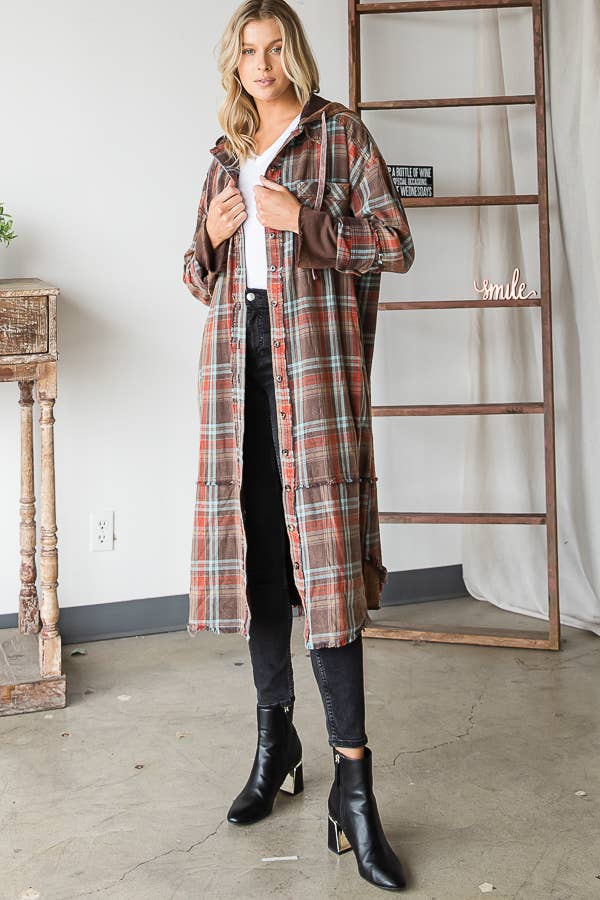 MINERAL WASHED PLAID BUTTON DOWN LONG HOODIE: WASHED NAVY /