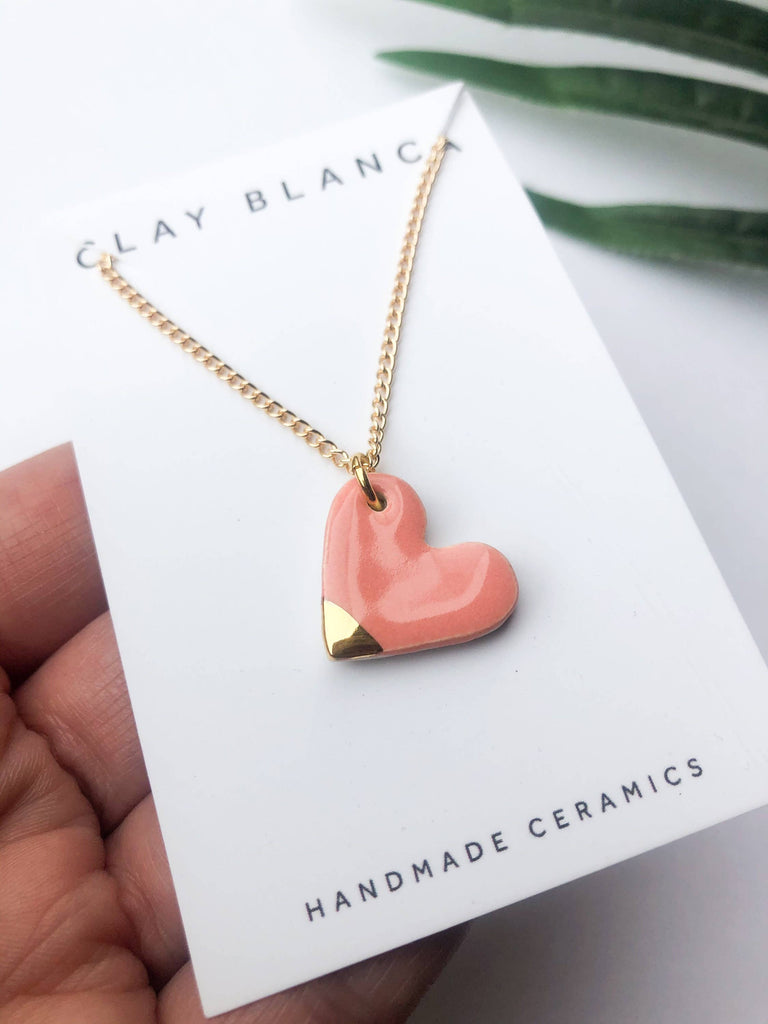 Peachy Pink Heart Necklace On Gold Plated Chain