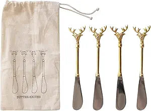 Stainless Steel and Brass Canapé Knives with Gold Finish Reindeer Handles, Set of 4 in Printed Drawstring Bag