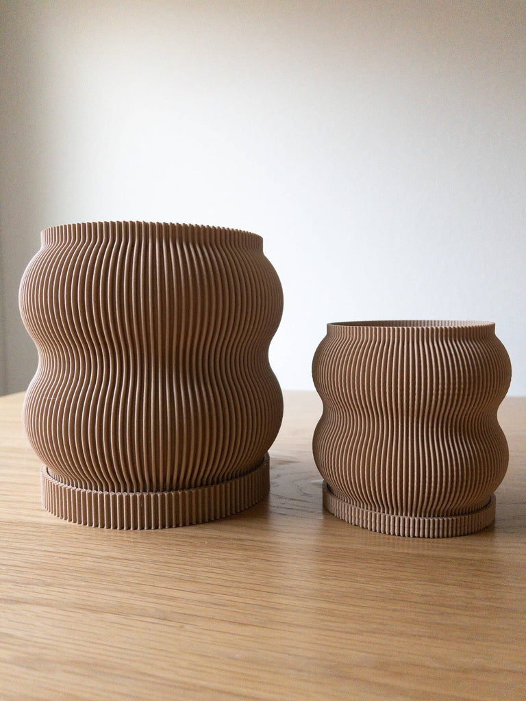 Lightweight Ribbed Planter Pot | Beige | 6" or 8" Sizes: 6 With Drip Tray