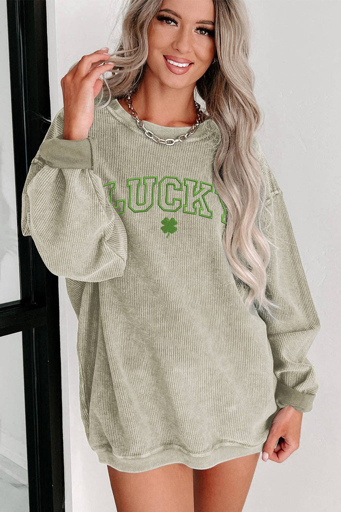 Green LUCKY Clover Embroidered Corded Crewneck Sweatshirt: 100%Polyester / Green / L