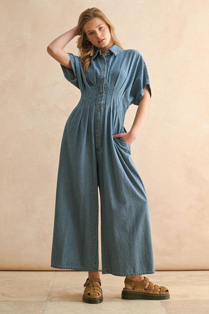 CHAMBRAY DENIM BUTTON DOWN JUMPSUIT
