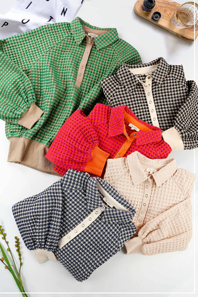 Unique Two Tone Textured Snap Button Front Top