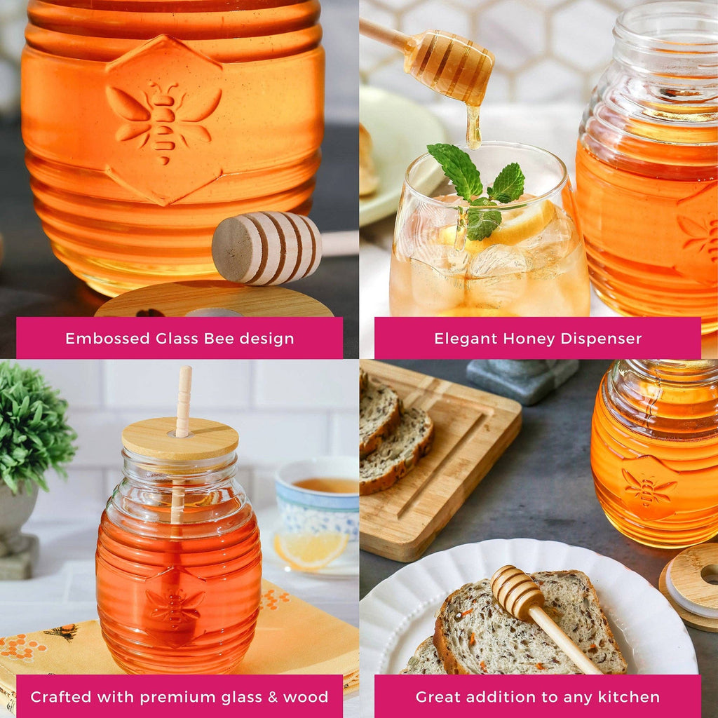 Glass Bee Honey Jar and Dipper Set (2 Lids and Dippers)