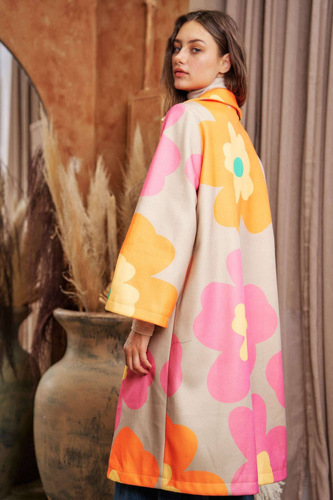 BOLD RETRO FLORAL OPEN FRONT WDE SLEEVE OVER COAT PINK ORANGE