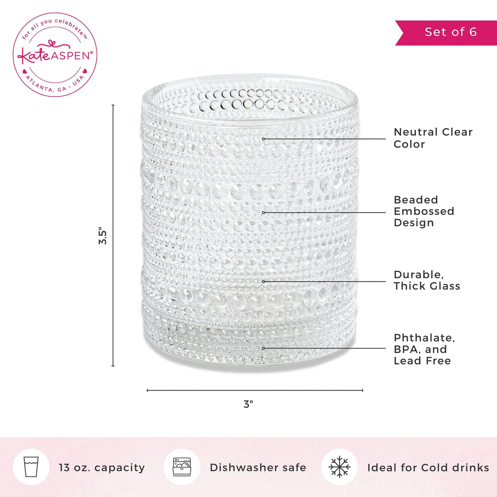 10 oz Textured Beaded Clear Old Fashion Drinking Glasses