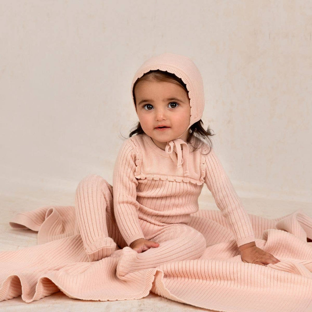 Baby Boys & Girls Scallop Trimmed Rib Knit Romper & Bonnet