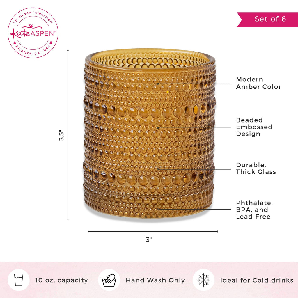 10 oz. Textured Hobnail Beaded Amber Drinking Glasses - 6pcs