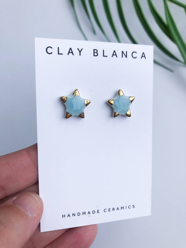 Sky Blue Star Earrings On Sterling Plated Studs