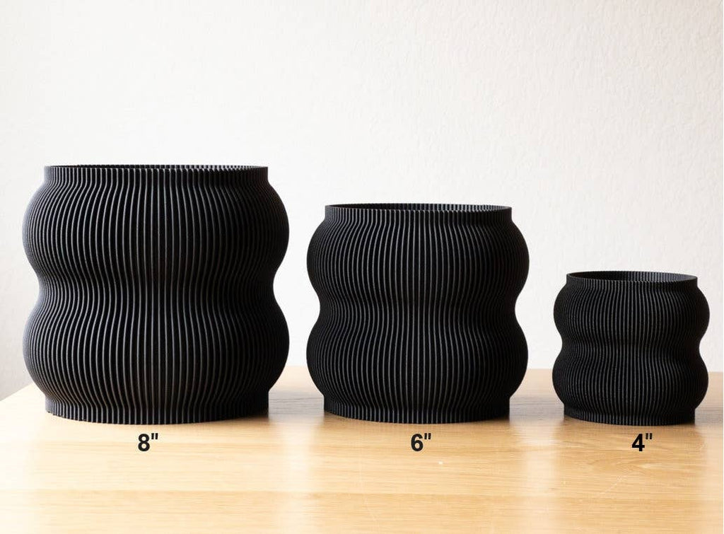 Lightweight Ribbed Planter Pot | Black | 4" 6” With Drip Tray