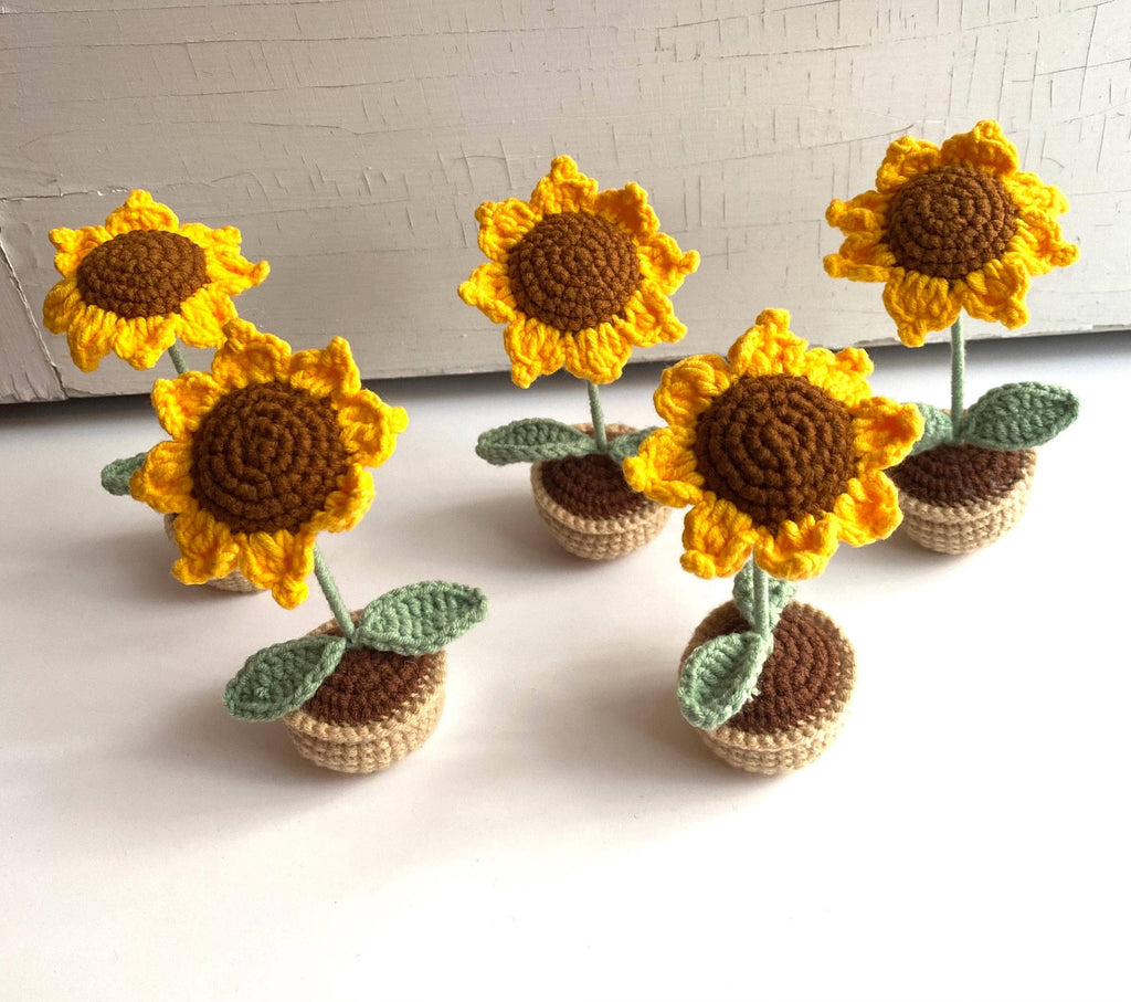 Crocheted Sunflower Pot, Hand-stitched Sunflower in the Pot