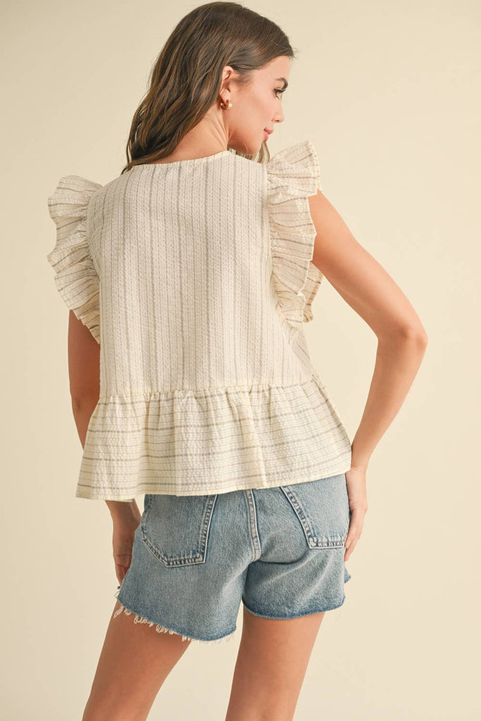 STRIPED WITH TIE FRONT RUFFLE SLEEVELESS BLOUSE
