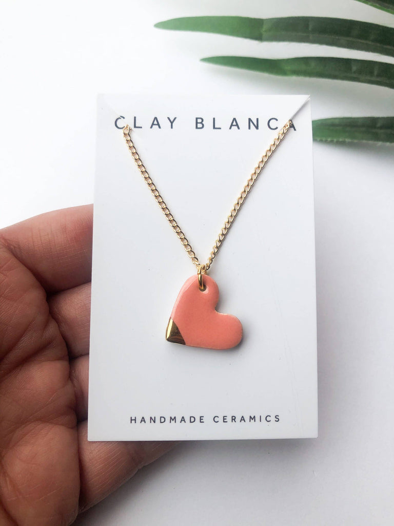 Peachy Pink Heart Necklace On Gold Plated Chain