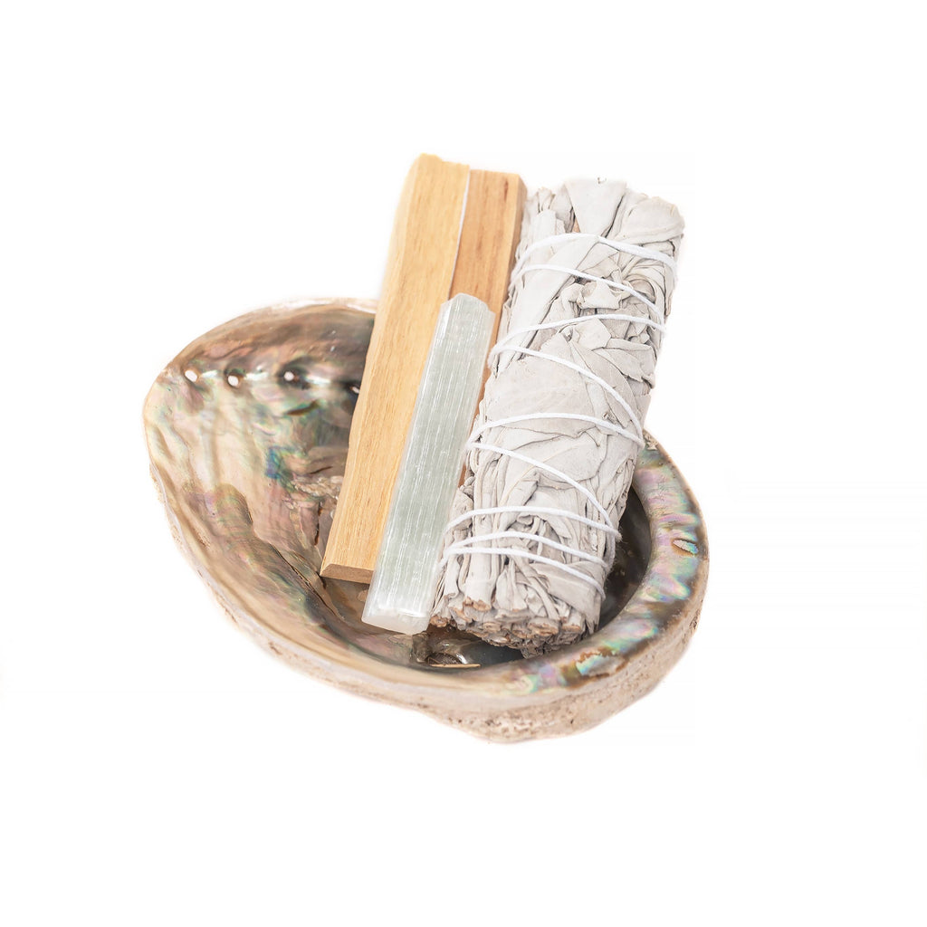 Selenite, Sage, Palo Santo Cleansing Kit with Abalone Shell