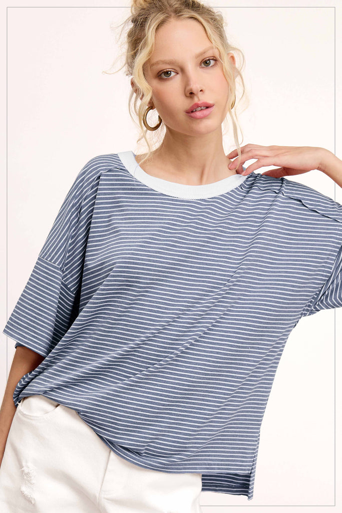 Red Striped Drop Shoulder Short Sleeves Top