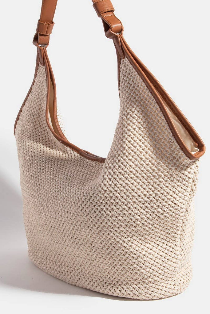 Large Faux Leather Accents Knitted Hobo Shoulder Bag