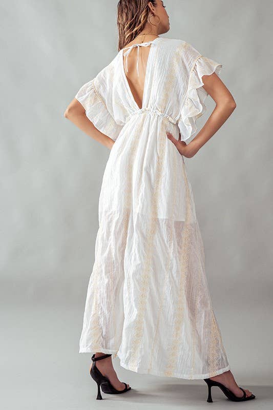 DEEP V NECK LACE EMBROIDERY MAXI DRESS