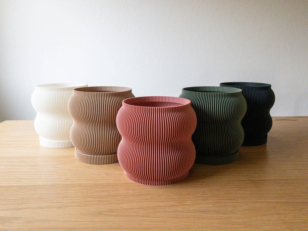 Lightweight Ribbed Planter Pot | Beige | 6" or 8" Sizes: 6 With Drip Tray