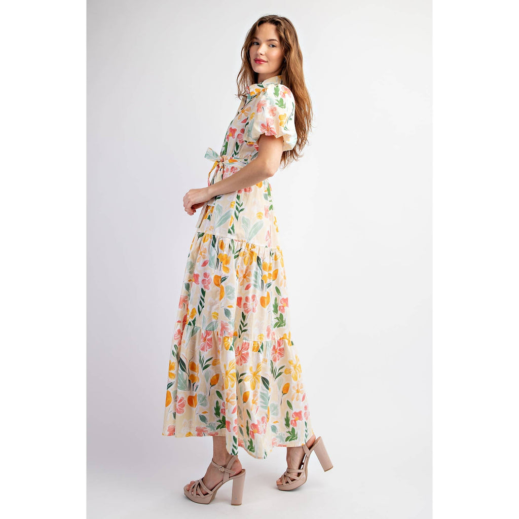 COTTON FLORAL PRINT SHIRT TIERED MAXI DRESS WITH PUFF SLEEVE