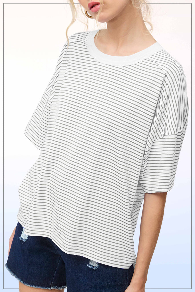Red Striped Drop Shoulder Short Sleeves Top
