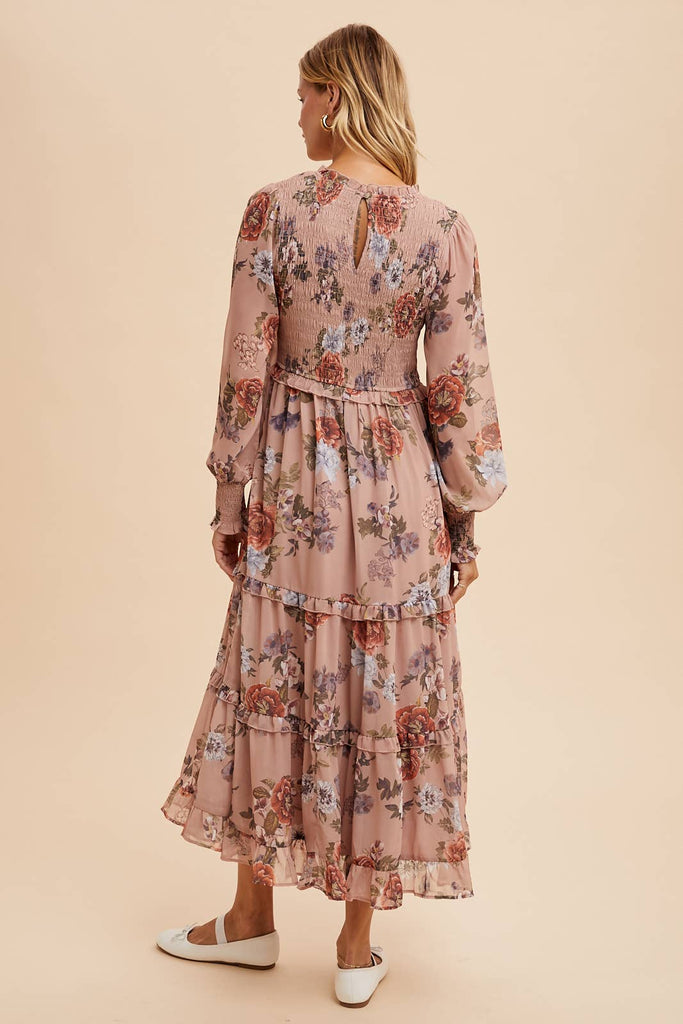 SMOCKED LONG SLEEVE FLORAL DRESS