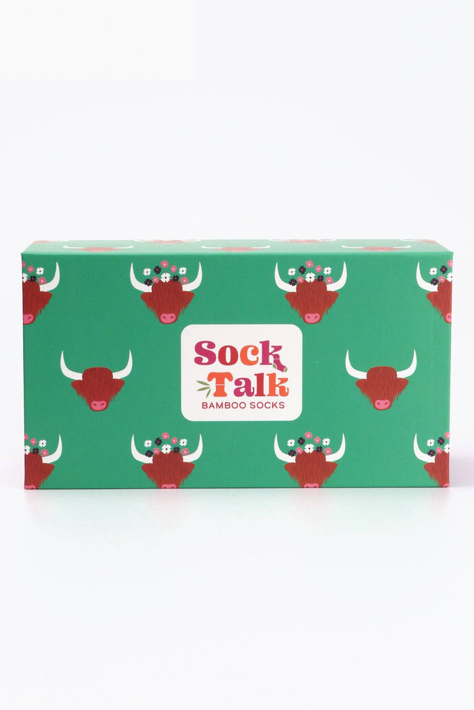 Women's Highland Cow Socktalk Gift Box Two Socks in Green