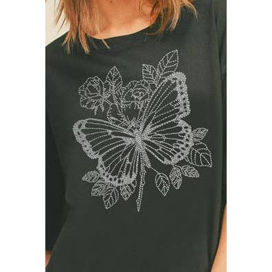 BUTTERFLY & FLOWER EMBROIDERY EFFECT GRAPHIC TEE: WHITE