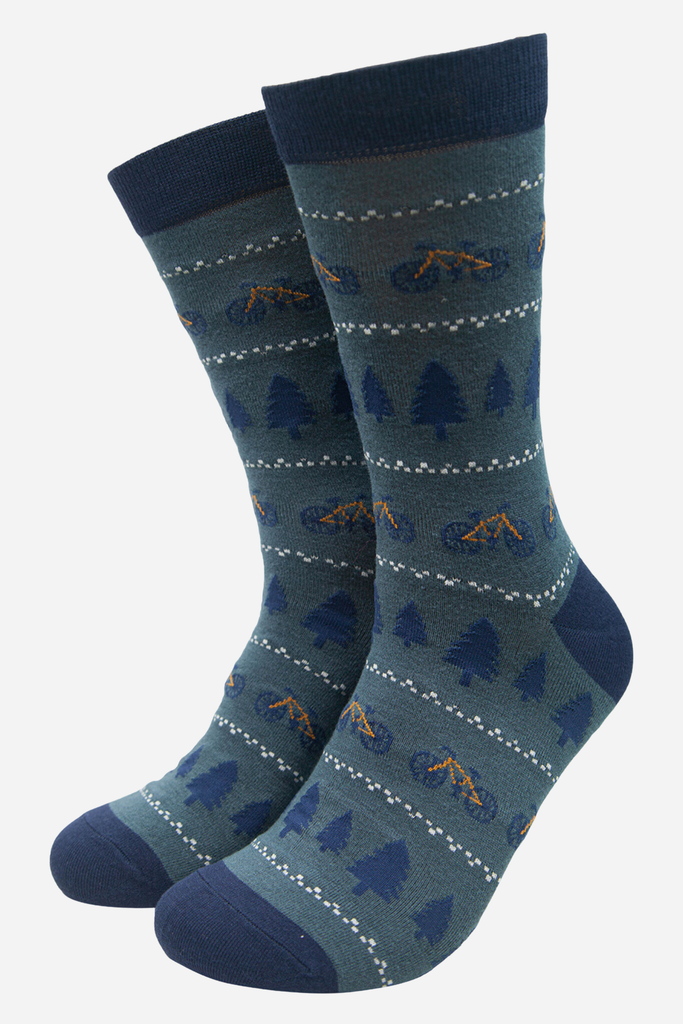 Teal Men's Bike and Tree Fair Isle Style Print Bamboo Socks